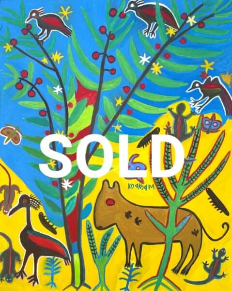 Kg'akg'am Tshabu. Animals around Berry Bush 100 x 80cm