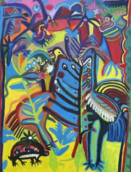 Kg'akg'am Tshabu-Dtcàu (Sectretary Birds) and Tortoise looking for food in the early morning-90x70cm