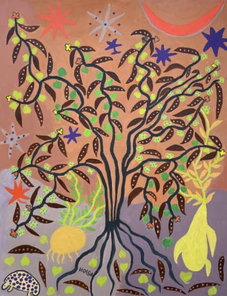 Ntcisa Kase-Q'aru and Tchábá under Ntẽe-Tcéé tree.130 x 100cmjpg