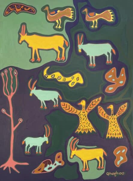 Qhaqhoo Xare,Antelopes, Birds, Trees and Flowers-120 x 90cm