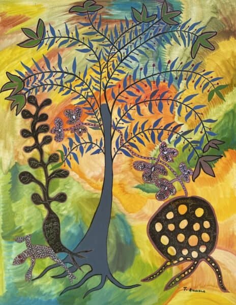 Thamae Kaashe-Q'aru (edible root) and Cãã (tuber) growing under Ncòné (Motopi Tree)90x70cm