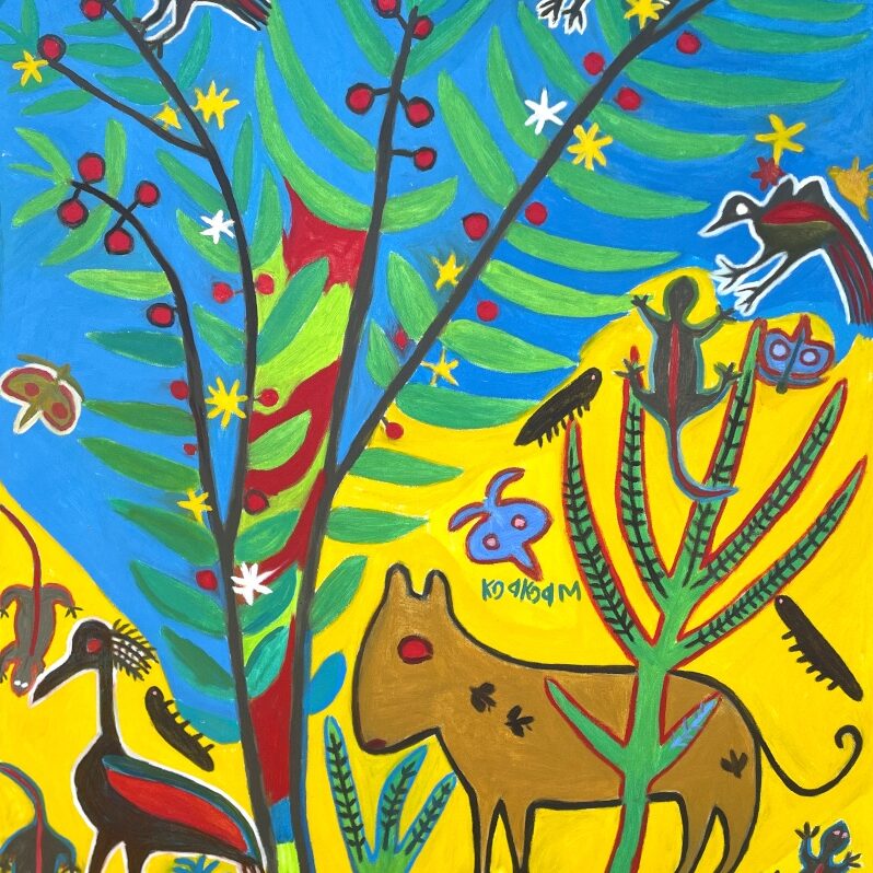 Kg'akg'am Tshabu. Animals around Berry Bush 100 x 80cm